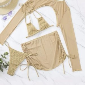 Beige Bikini + Mesh Top Set